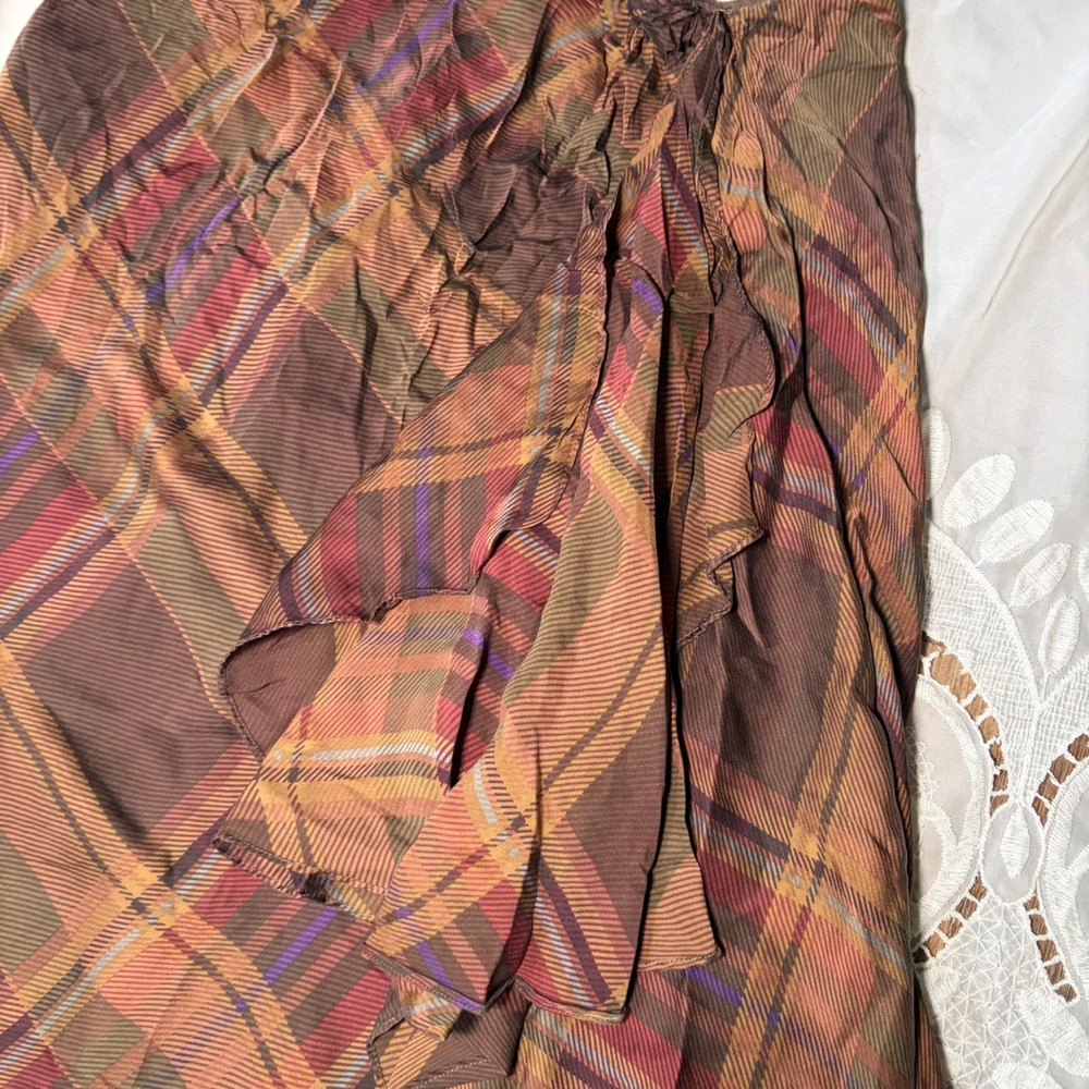 Vintage Lauren Ralph Lauren 100% Silk Plaid Ruffle Midi Skirt Brown Womens Small - Picture 3 of 5